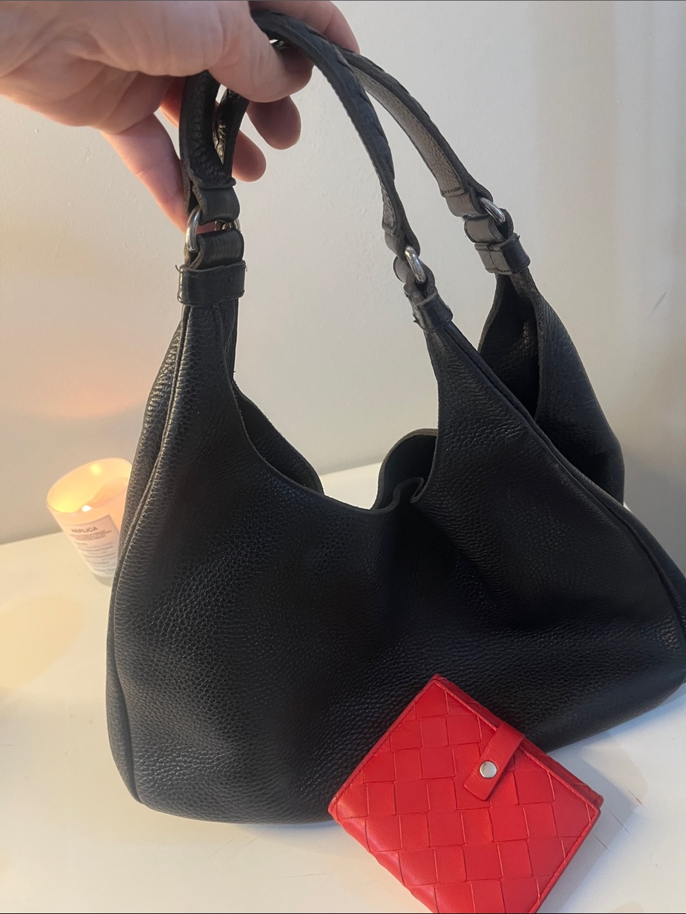 Bottega Veneta Black Leather Hobo Bundle w/ red intrecciato wallet she